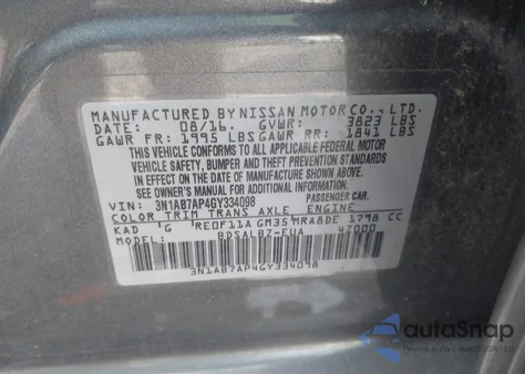 2016 Nissan Sentra S из США, поврежденный, VIN 3N1AB7AP4GY334098